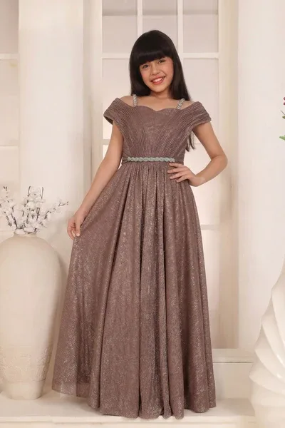Fawn Shimmer Off-Shoulder Party Gown for Girls